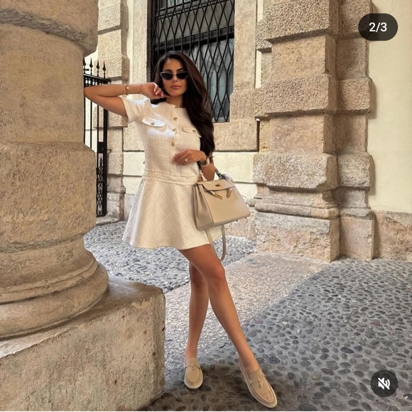 ZARA TEXTURED TWEED MINI DRESS ECRU - Picture 15 of 16